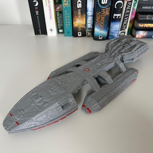 Battlestar Galactica Colonial Battleship from the 1978 series, 3D printed custom display model with high quality stand included, available in large or standard sizes for sale, great gift or present for sci-fi enthusiasts, assembly, colour and size options