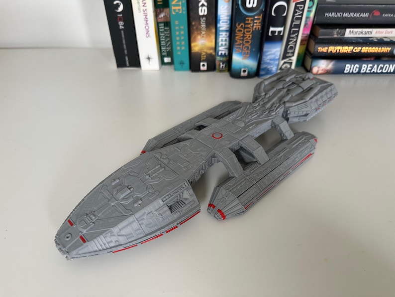 Battlestar Galactica Colonial Battleship from the 1978 series, 3D printed custom display model with high quality stand included, available in large or standard sizes for sale, great gift or present for sci-fi enthusiasts, assembly, colour and size options