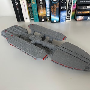 Battlestar Galactica Colonial Battleship from the 1978 series, 3D printed custom display model with high quality stand included, available in large or standard sizes for sale, great gift or present for sci-fi enthusiasts, assembly, colour and size options