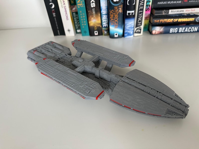 Battlestar Galactica Colonial Battleship from the 1978 series, 3D printed custom display model with high quality stand included, available in large or standard sizes for sale, great gift or present for sci-fi enthusiasts, assembly, colour and size options