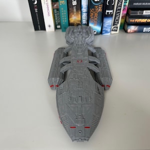 Battlestar Galactica Colonial Battleship from the 1978 series, 3D printed custom display model with high quality stand included, available in large or standard sizes for sale, great gift or present for sci-fi enthusiasts, assembly, colour and size options