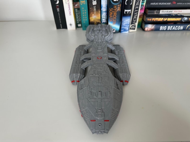 Battlestar Galactica Colonial Battleship from the 1978 series, 3D printed custom display model with high quality stand included, available in large or standard sizes for sale, great gift or present for sci-fi enthusiasts, assembly, colour and size options