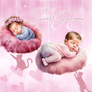 Einladungen zur Babyparty. Clipart mit Neugeborenen. Schlafende Säuglinge auf rosa Schaffell. Süße Baby-Grafiken für Kinderzimmer Dekor digitale Clipart