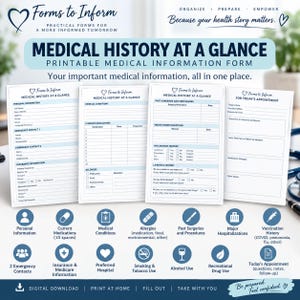 Może przedstawiać: Zestaw czterech drukowanych formularzy medycznych zatytułowanych Medical History at a Glance, zawierających sekcje na dane osobowe, kontakty alarmowe, ubezpieczenie, historię chorób, leki, alergie, operacje oraz notatki z wizyt.