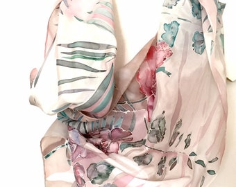 Handpainted Floral Silk Scarf: Pink & Violet, Elegant Silk Wrap