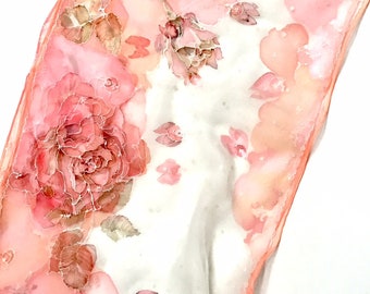 Silk scarf, Roses in light pink color hand painted, Blooming roses painted on white silk scarf, Bridesmaid scarf