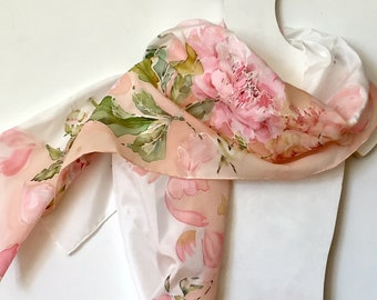 Pink silk scarf, peonies blossoms, silk neck scarf, hand painted scarf, hand hemmed scarf, 18 x 72 inch size, gift idea, for woman. TO ORDER
