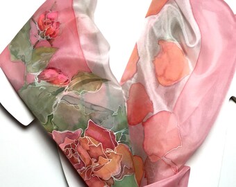 Hand painted silk scarf Red Roses, gift idea for woman, handmade neck accessory, gift for teacher
