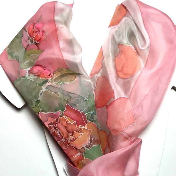 Hand painted silk scarf Red Roses, gift idea for woman, handmade neck accessory, gift for teacher