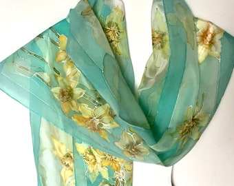 Silk scarf Yellow Daffodils, Green silk scarf Daffodil flowers - hand painted silk scarves collection for woman gift idea - 18x72- TO ORDER