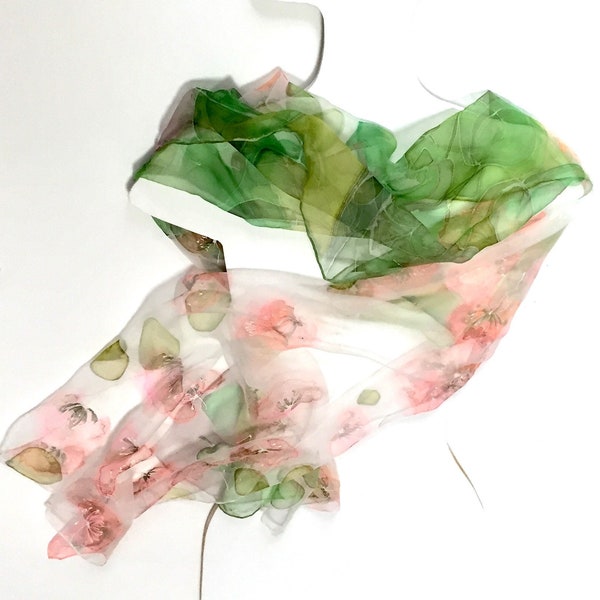 Silk scarf hand painted, woman silk wrap, gift idea for mother, Green with pink silk scarf, long silk scarf