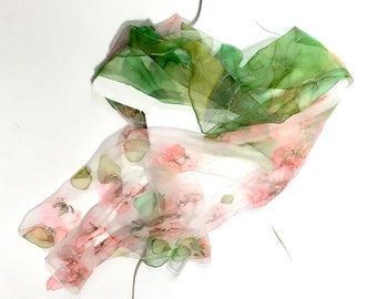 Silk scarf hand painted, woman silk wrap, gift idea for mother, Green with pink silk scarf, long silk scarf, TO ORDER