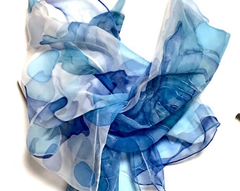 Blue silk scarf - white with blue bubbles scarf - blue flowers scarf - silk chiffon scarf - hand painted scarf - Gift idea for her