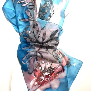 Blue shades woman silk scarf, floral motives silk scarves collection, pure silk scarf hand hemmed