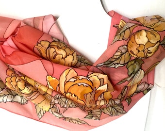 Coral pink silk scarf - yellow peonies blossoms - silk neck scarf - hand painted - hand hemmed scarf - 18 x 72 inches - Gift idea - TO ORDER