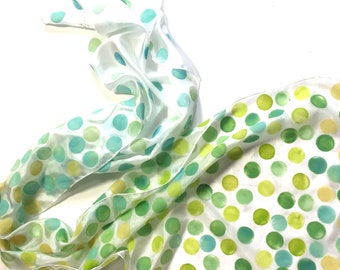 Green dotted silk scarf hand painted on luxury ponge silk, gift idea for her, woman silk scarves collection 18x72 inch size