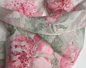 Dusty pink woman silk scarf - peonies print scarf - hand painted silk scarf - hand hemmed silk scarf - gift idea for women - TO ORDER