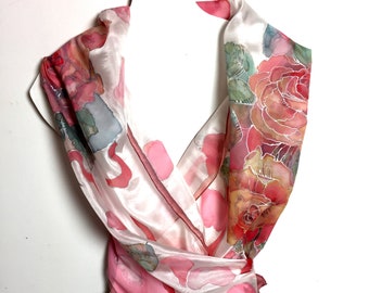 Handpainted silk scarf Vintage Roses, Rose red colors, scarf for her