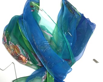 Green silk scarf with small birds hand painted on it. Blue silk scarf, Wearable art for woman. Handmade to order.