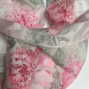 Dusty pink woman silk scarf - peonies print scarf - hand painted silk scarf - hand hemmed silk scarf - gift idea for women - TO ORDER