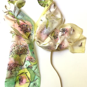 Silk scarf hand painted - pink yellow floral silk scarf -  hand hemmed silk scarf - gift idea for woman - TO ORDER