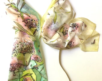 Hand Painted Silk Scarf: Pink Yellow Floral, Hand Hemmed