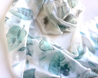 White Silk scarf with floral mint green leaves hand painted