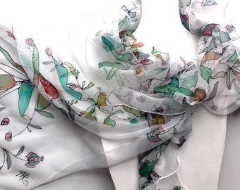 Hand-Painted Silk Chiffon Scarf: Floral Green Leaves, Elegant Summer Accessory
