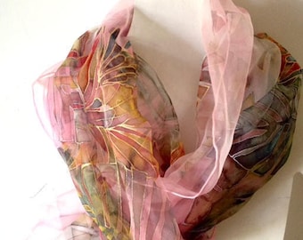 Hand painted silk scarf, pink silk scarf, floral silk scarf, chiffon silk scarf, silk neck wrap, hand painted shawl for woman. TO ORDER