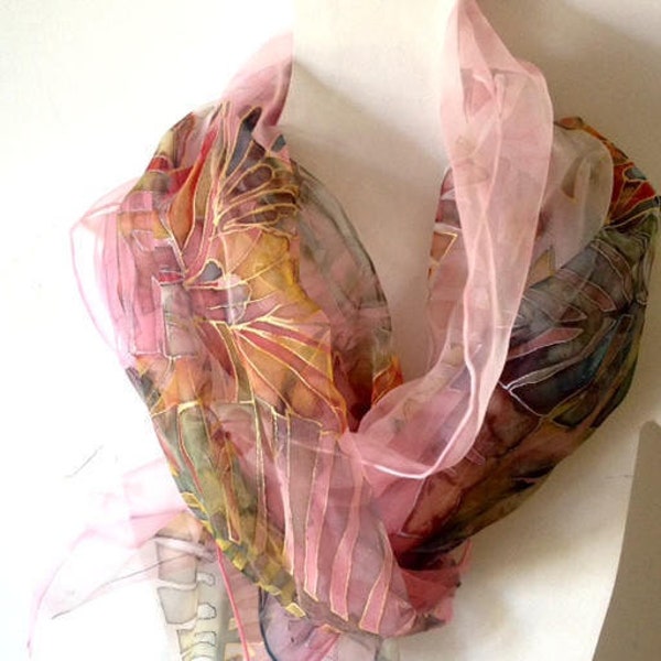 Hand painted silk scarf, pink silk scarf, floral silk scarf, chiffon silk scarf, silk neck wrap, hand painted shawl for woman. TO ORDER