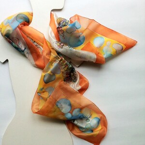Silk scarf, orange ladies silk scarf for neck, neck skinny scarf, silk neck scarf, silk head wrap, colorful scarf with feather motive