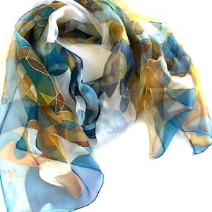 Hand Painted Silk Scarf: Soft Harlequin Pattern, Blue Gold Chiffon