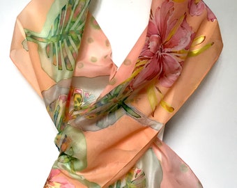 Silk scarf- floral silk scarf- coral pink scarf- neck scarf- hand painted scarf- floral summer scarf- women silk scarf- gift idea