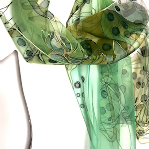 Hand painted silk scarf Mossy green with slightly black dots Gift for teacher- TO ORDER