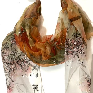 Silk scarf hand painted - woman silk scarves - Decorative leaves - yellow scarf - mossy scarf - floral silk scarf - Gift idea - TO ORDER image 6