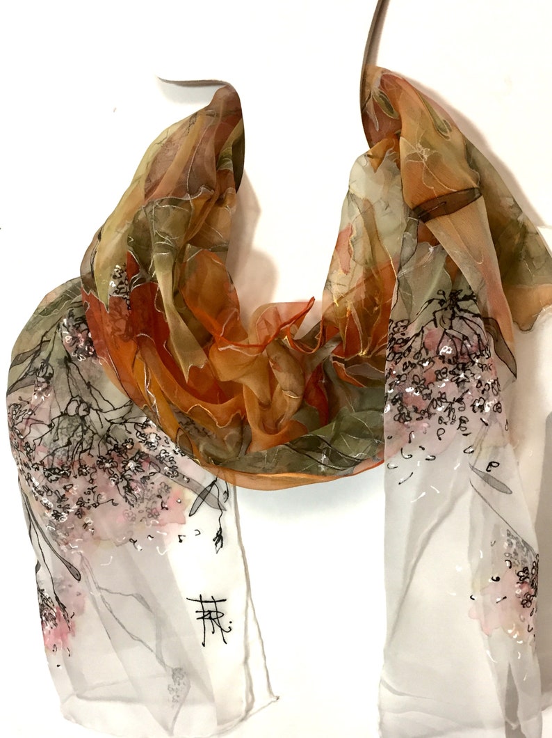 Silk scarf hand painted - woman silk scarves - Decorative leaves - yellow scarf - mossy scarf - floral silk scarf - Gift idea - TO ORDER image 6