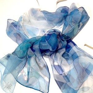 Hand painted blue silk scarf- Blue Wind- chiffon silk scarf, line drawing abstract linear pattern, some floral motifs,fashionable blue color
