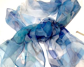 Hand painted blue silk scarf- Blue Wind- chiffon silk scarf, line drawing abstract linear pattern, some floral motifs,fashionable blue color