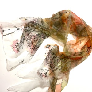 Silk scarf hand painted - woman silk scarves - Decorative leaves - yellow scarf - mossy scarf - floral silk scarf - Gift idea - TO ORDER image 4