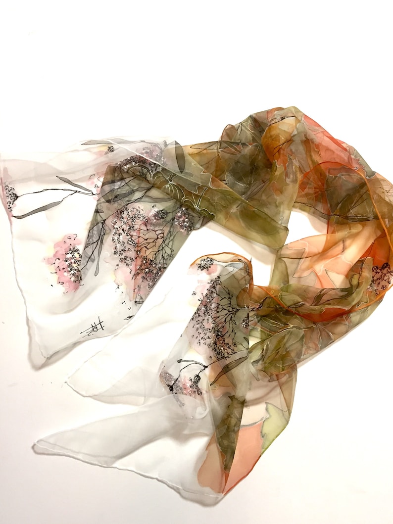 Silk scarf hand painted - woman silk scarves - Decorative leaves - yellow scarf - mossy scarf - floral silk scarf - Gift idea - TO ORDER image 4