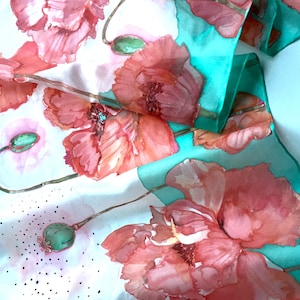 Red poppies silk scarf, hand painted floral silk scarf for women gift idea. TO ORDER