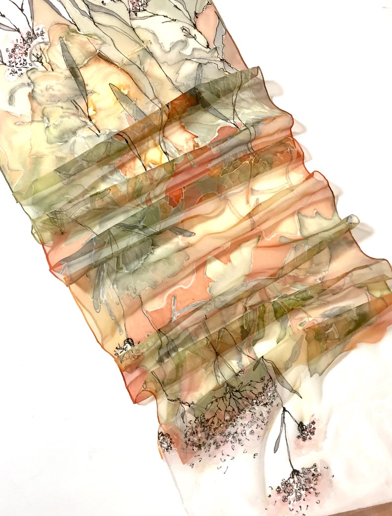 Silk scarf hand painted - woman silk scarves - Decorative leaves - yellow scarf - mossy scarf - floral silk scarf - Gift idea - TO ORDER image 8