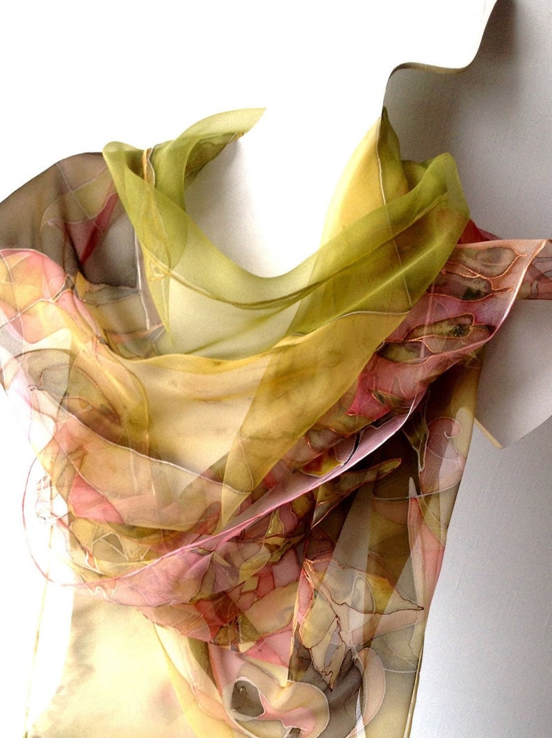 Mustard silk scarf Hand painted chiffon silk scarves Shawls outfit Mother in law gift image 1