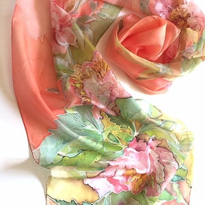 Coral pink silk scarf, peonies blossoms, silk neck scarf, hand painted, hand hemmed scarf, 18 x 72 inches size, gift for woman TO ORDER image 1