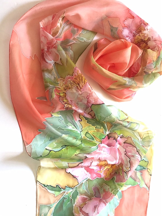 Coral Pink Silk Scarf, Peonies Blossoms, Silk Neck Scarf 