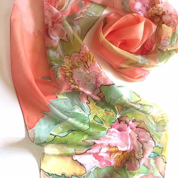 Coral pink silk scarf, peonies blossoms, silk neck scarf, hand painted, hand hemmed scarf, 18 x 72 inches size, gift for woman - TO ORDER