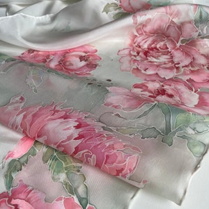 Dusty pink woman silk scarf peonies print scarf hand painted silk scarf hand hemmed silk scarf gift idea for women TO ORDER image 9