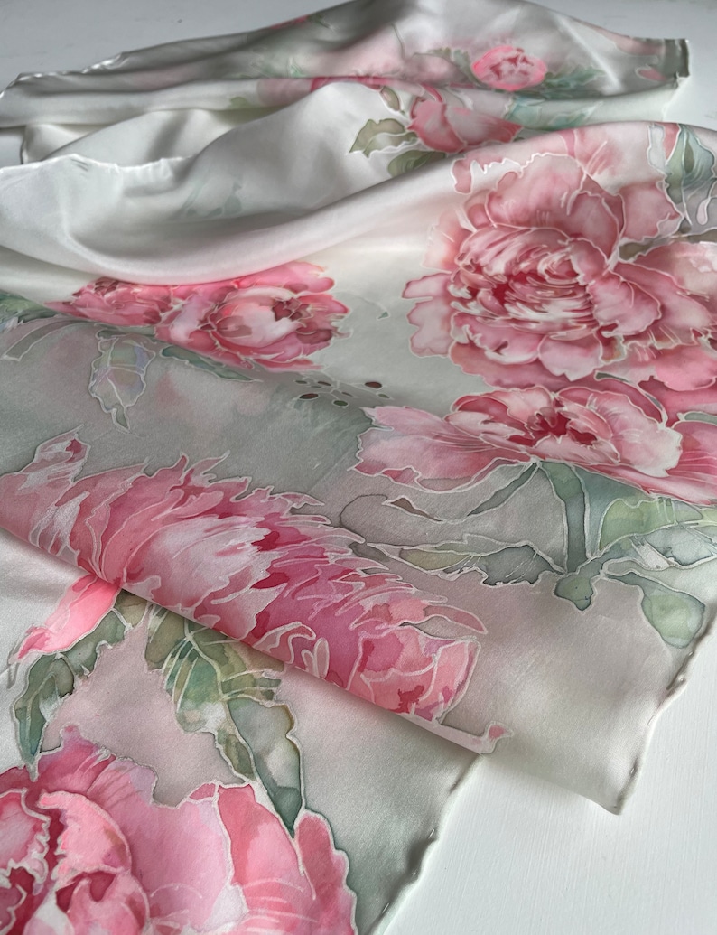 Dusty pink woman silk scarf peonies print scarf hand painted silk scarf hand hemmed silk scarf gift idea for women TO ORDER image 9