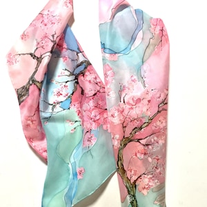 Blooming sakura- silk scarf- silk painting- hand painted silk scarf.Gift idea. To Order