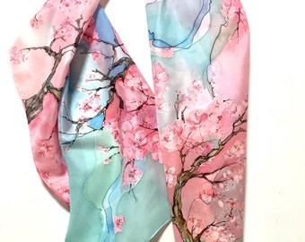 Blooming sakura- silk scarf- silk painting- hand painted silk scarf.Gift idea. To Order